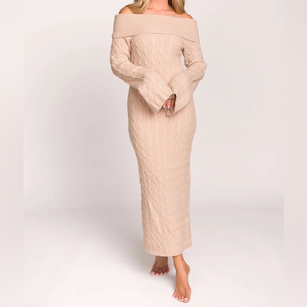 Off-Shoulder Cable Knit Maxi Dress in Beige
